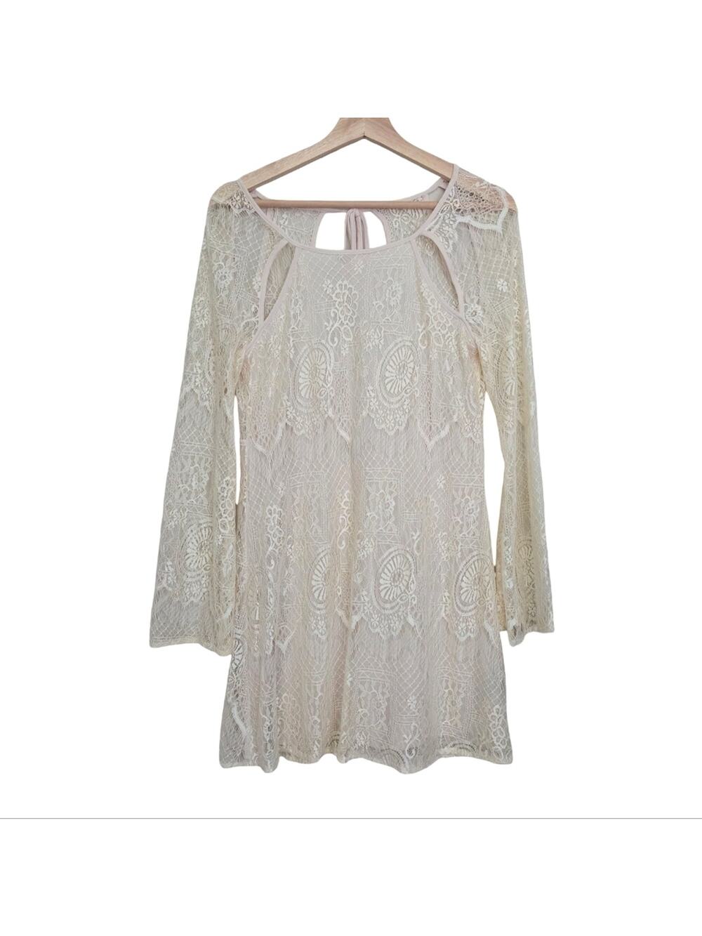 lucca couture | Cream Lace Fit and Flare Long Flare Sleeve Dress